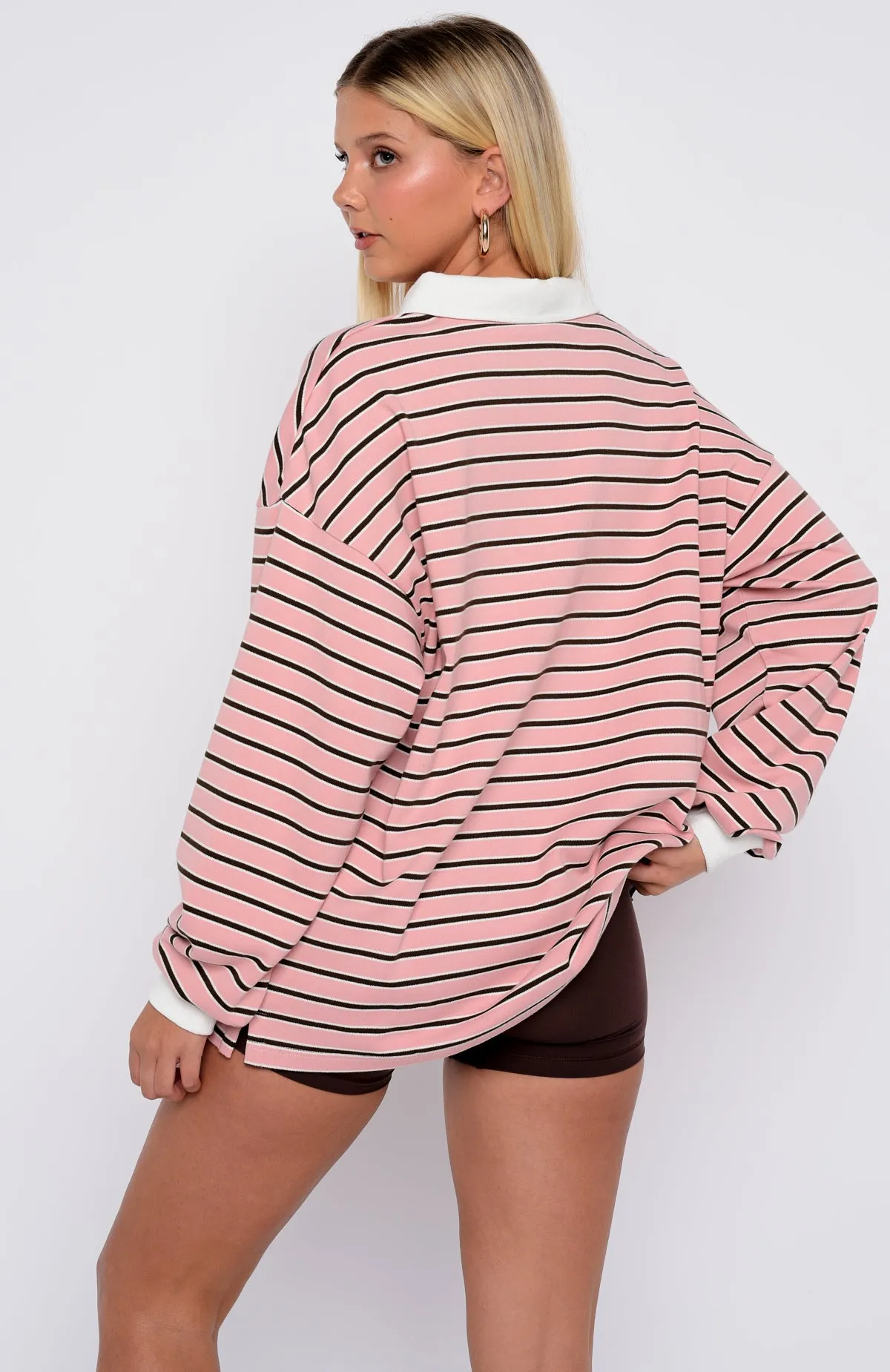 Out Again Long Sleeve Rugby Shirt Pink/Chocolate Stripe sold by White Fox Boutique product image thumbnail 4