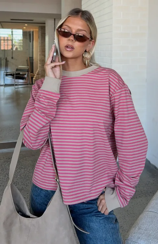 Catch The Drift Long Sleeve Tee Pink/Stone Stripe sold by White Fox Boutique