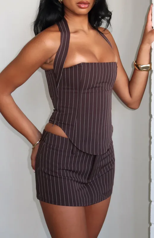Back To Business Mini Skort Chocolate Pinstripe sold by White Fox Boutique