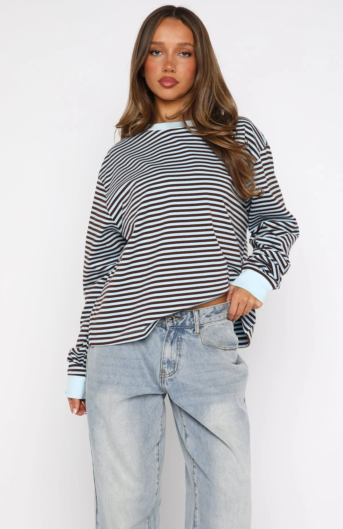 Catch The Drift Long Sleeve Tee Blue/Choc Stripe sold by White Fox Boutique product image thumbnail 2