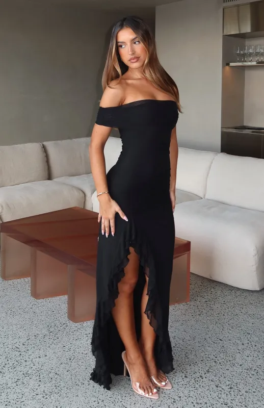 Icon In Motion Off Shoulder Maxi Dress Black made by White Fox Boutique