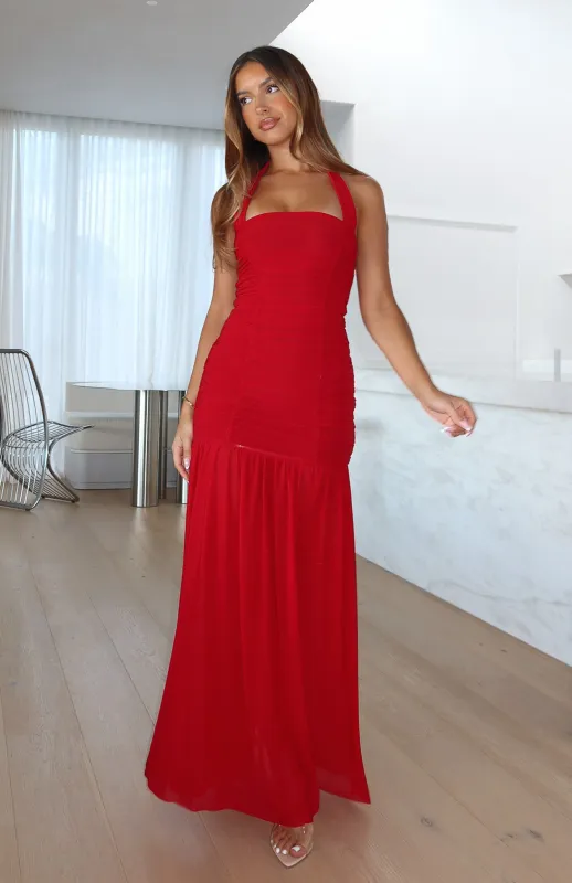 Unbothered Always Halter Maxi Dress Deep Red sold by White Fox Boutique