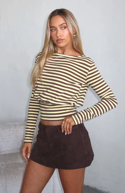 Catch My Heart Cinched Waist Long Sleeve Top Chocolate/Banana Stripe sold by White Fox Boutique