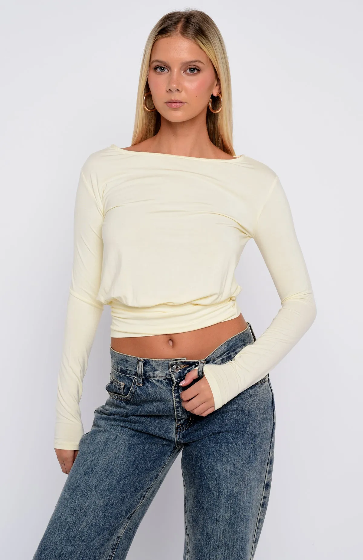 Love On Lock Cinched Waist Long Sleeve Top Cream sold by White Fox Boutique product image thumbnail 2