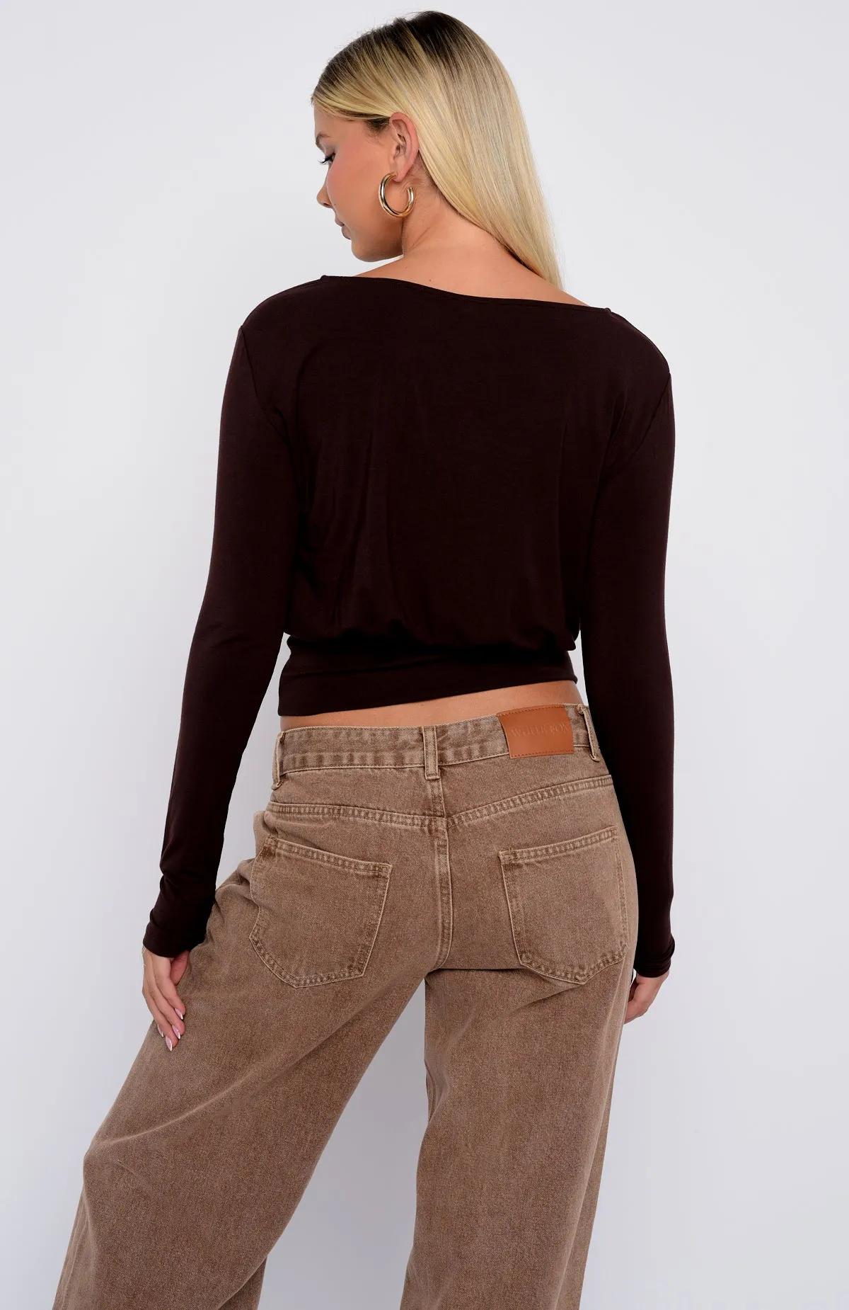 Love On Lock Cinched Waist Long Sleeve Top Chocolate sold by White Fox Boutique product image thumbnail 4