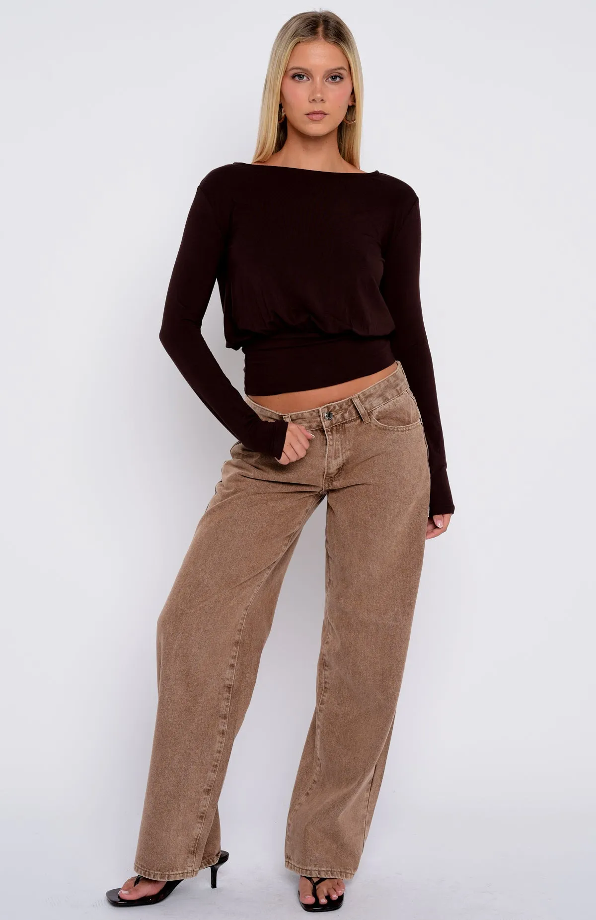 Love On Lock Cinched Waist Long Sleeve Top Chocolate sold by White Fox Boutique product image thumbnail 5