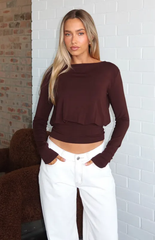 Love On Lock Cinched Waist Long Sleeve Top Chocolate sold by White Fox Boutique