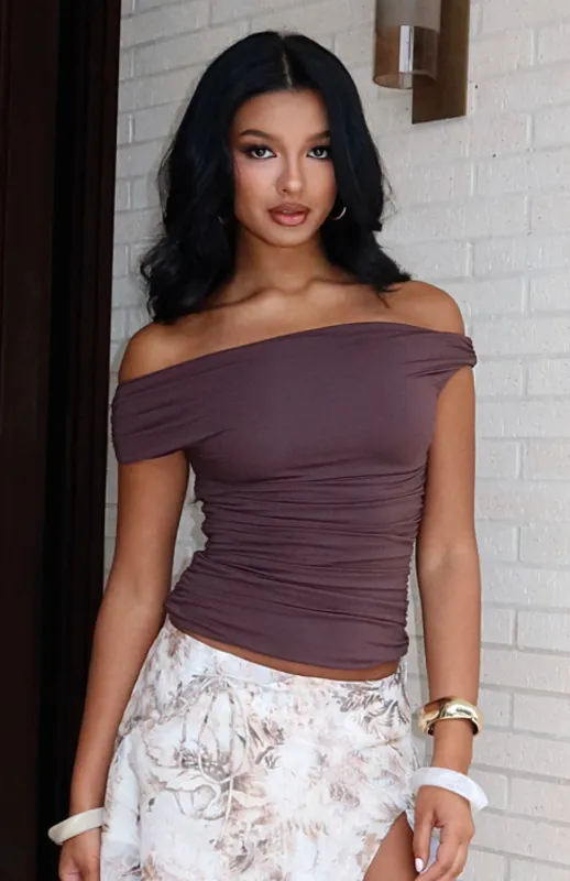 Halfway Over It Off Shoulder Top Chocolate sold by White Fox Boutique