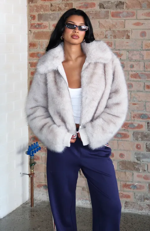 Glacial Chic Fur Bomber Jacket Smokey Taupe sold by White Fox Boutique