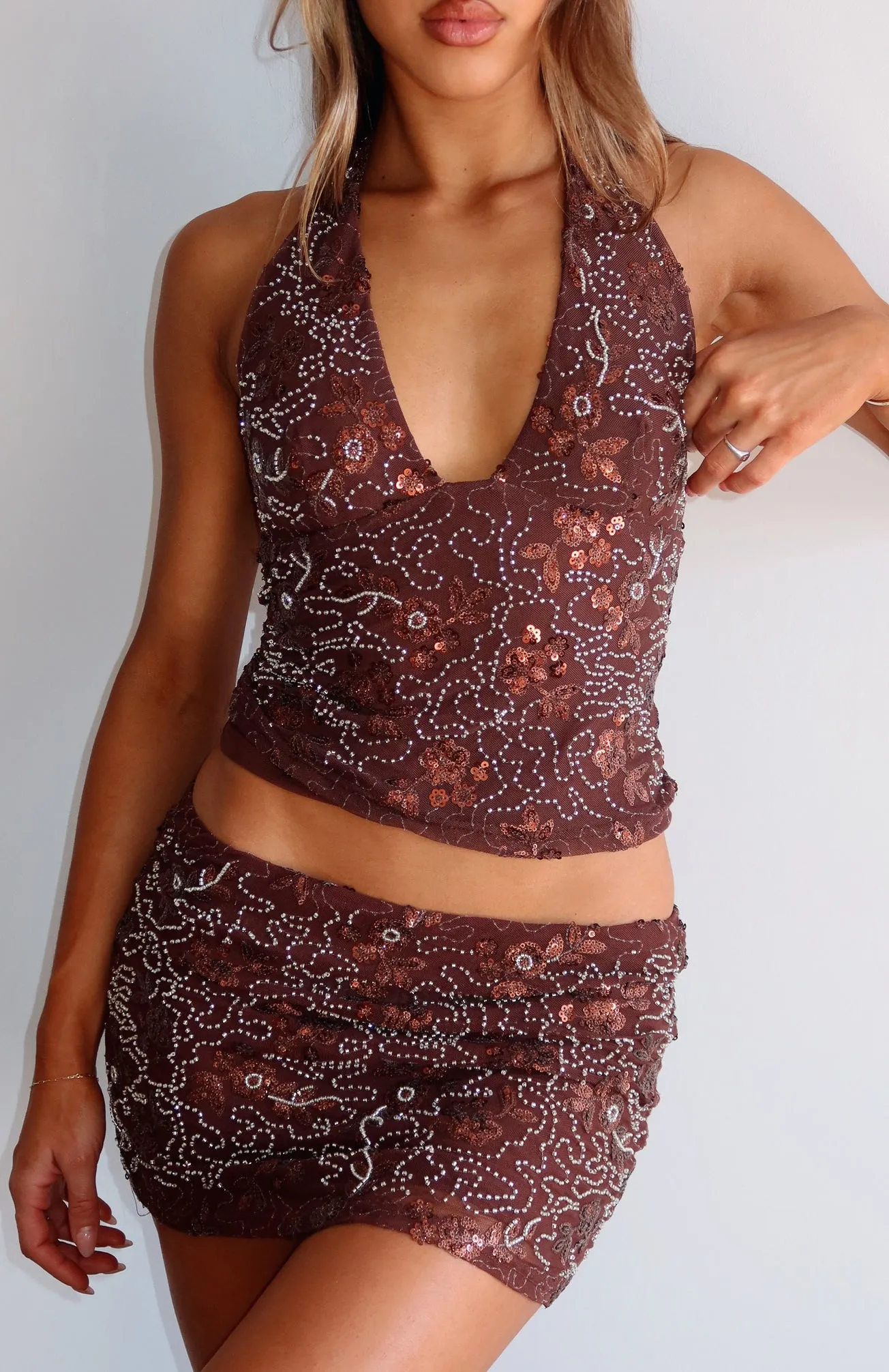 Capri Cove Beaded Mini Skirt Chocolate sold by White Fox Boutique product image thumbnail 2