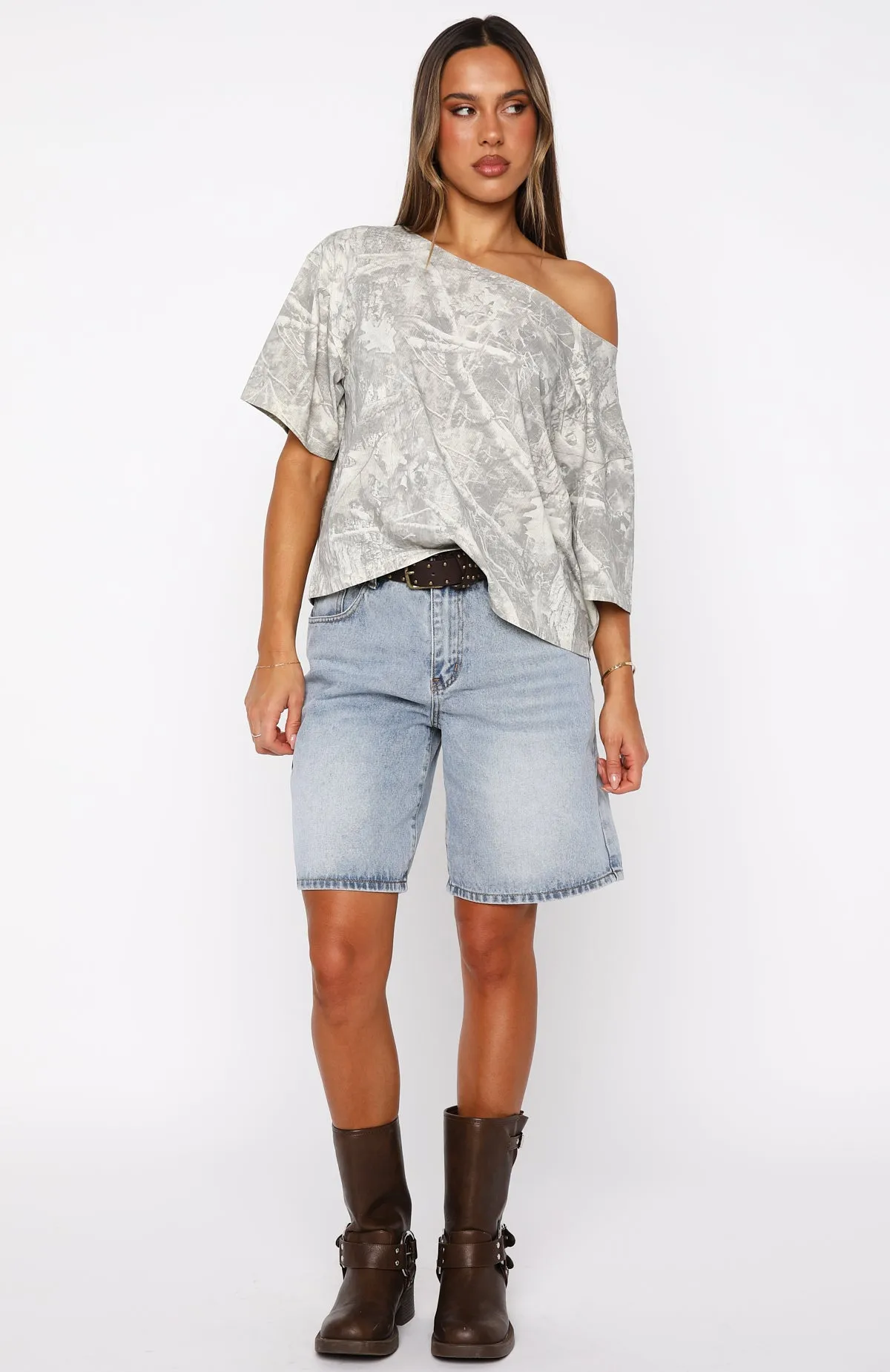 Travel The World Off Shoulder Oversized Tee Light Camo sold by White Fox Boutique product image thumbnail 5