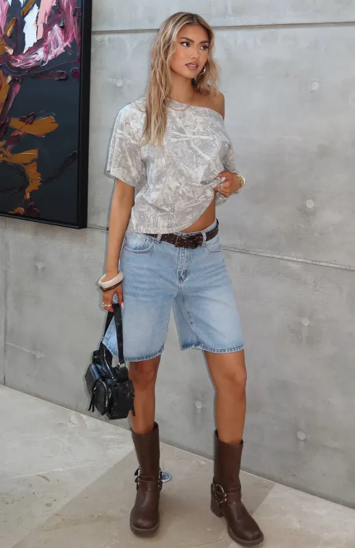 Travel The World Off Shoulder Oversized Tee Light Camo sold by White Fox Boutique