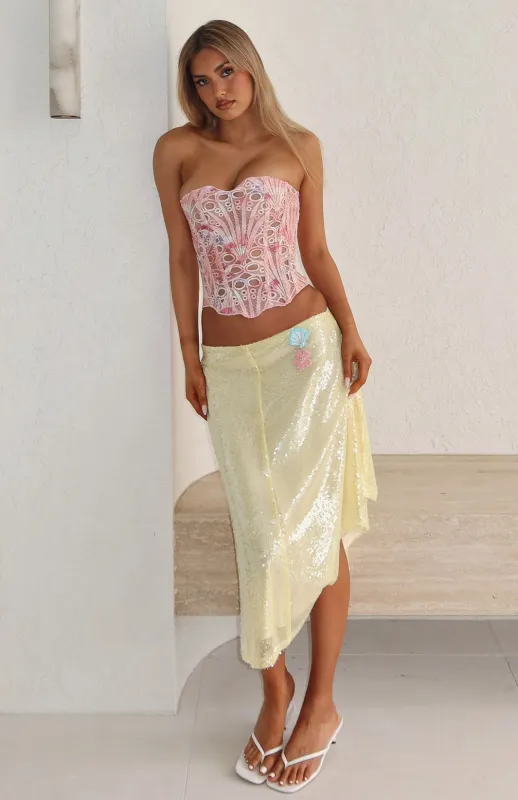 Stay For A While Sequin Midi Skirt Lemon Sorbet sold by White Fox Boutique