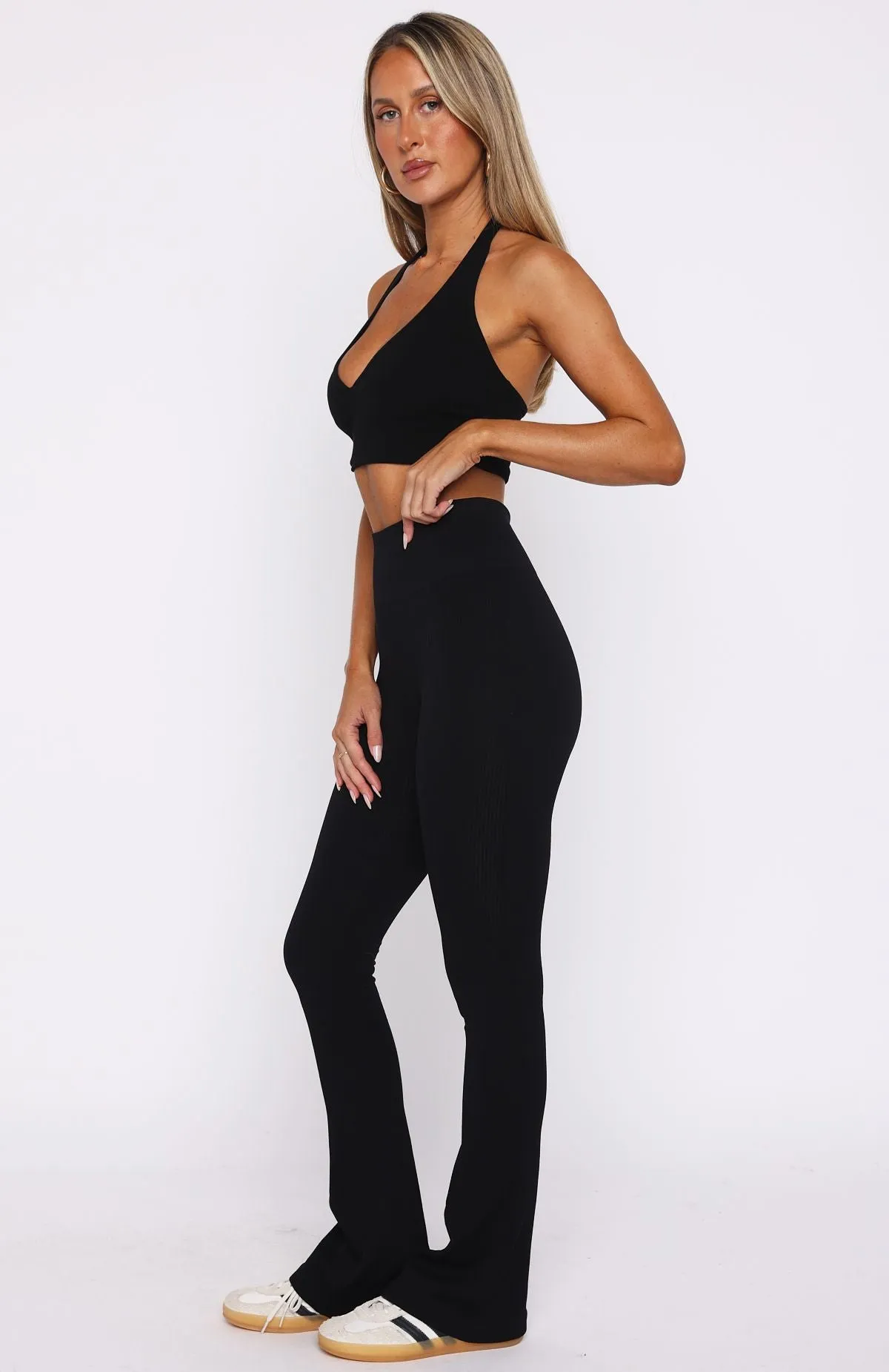 Scared To Confess Seamless Ribbed Flare Pants Black sold by White Fox Boutique product image thumbnail 3