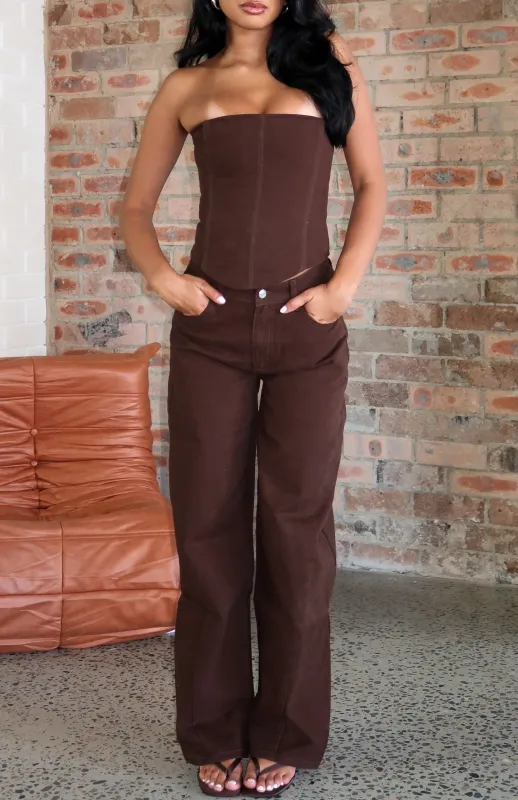 Kiara Mid Rise Barrel Leg Jeans Chocolate Wash sold by White Fox Boutique