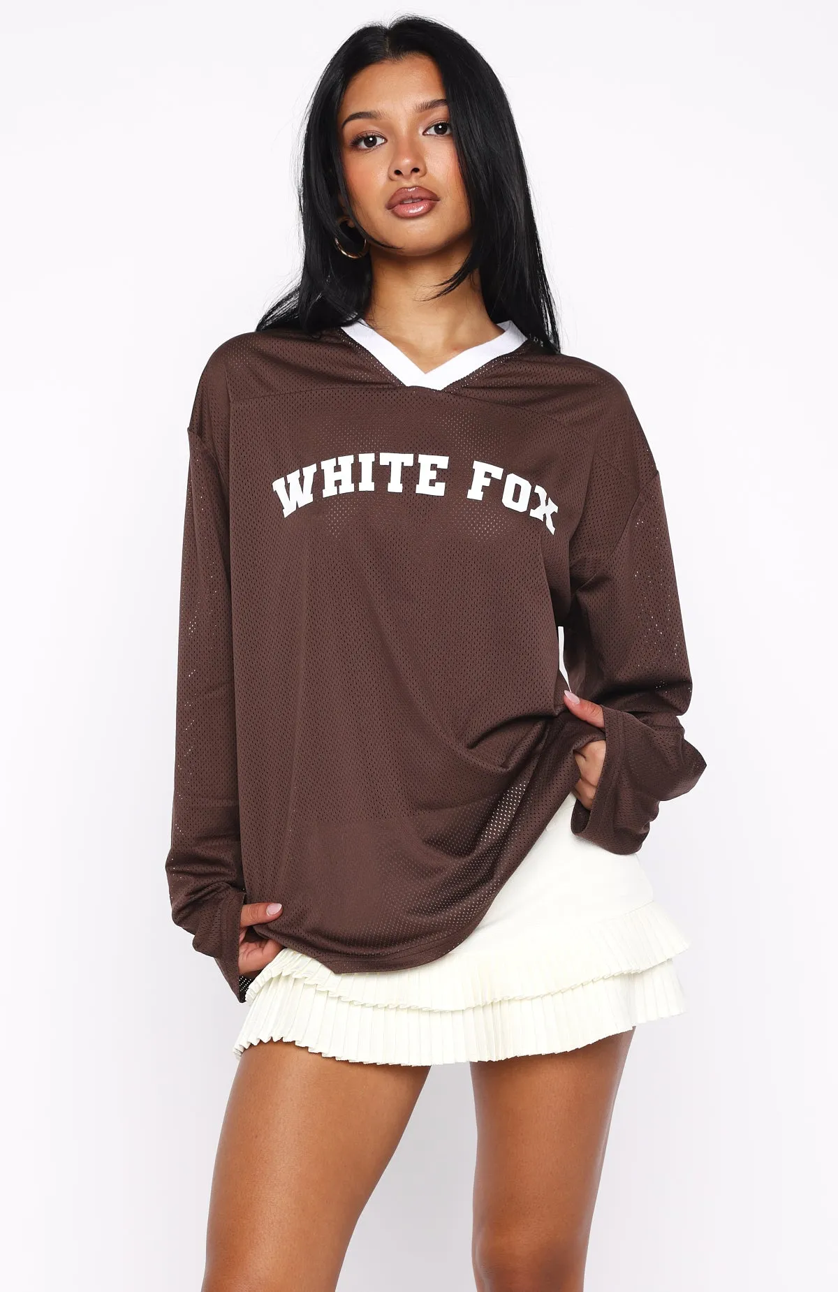 Ahead Of Schedule Long Sleeve Oversized Jersey Chocolate sold by White Fox Boutique product image thumbnail 2