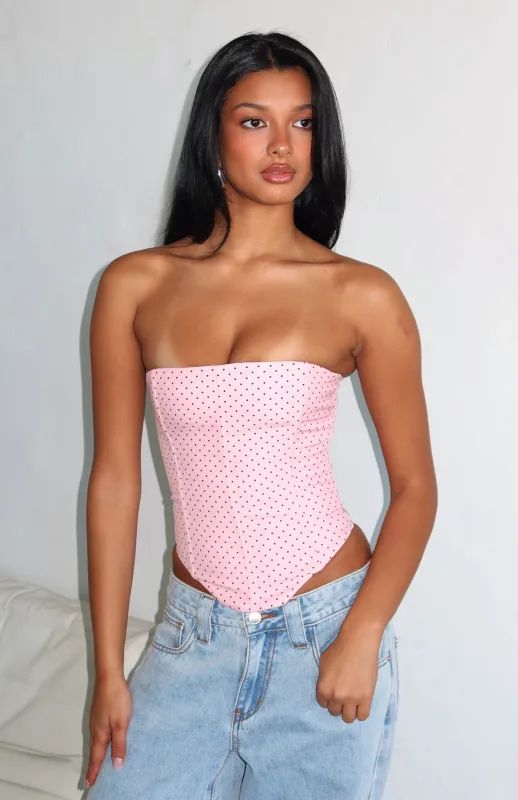 Let It Go Strapless Bustier Pink Polka Dot sold by White Fox Boutique