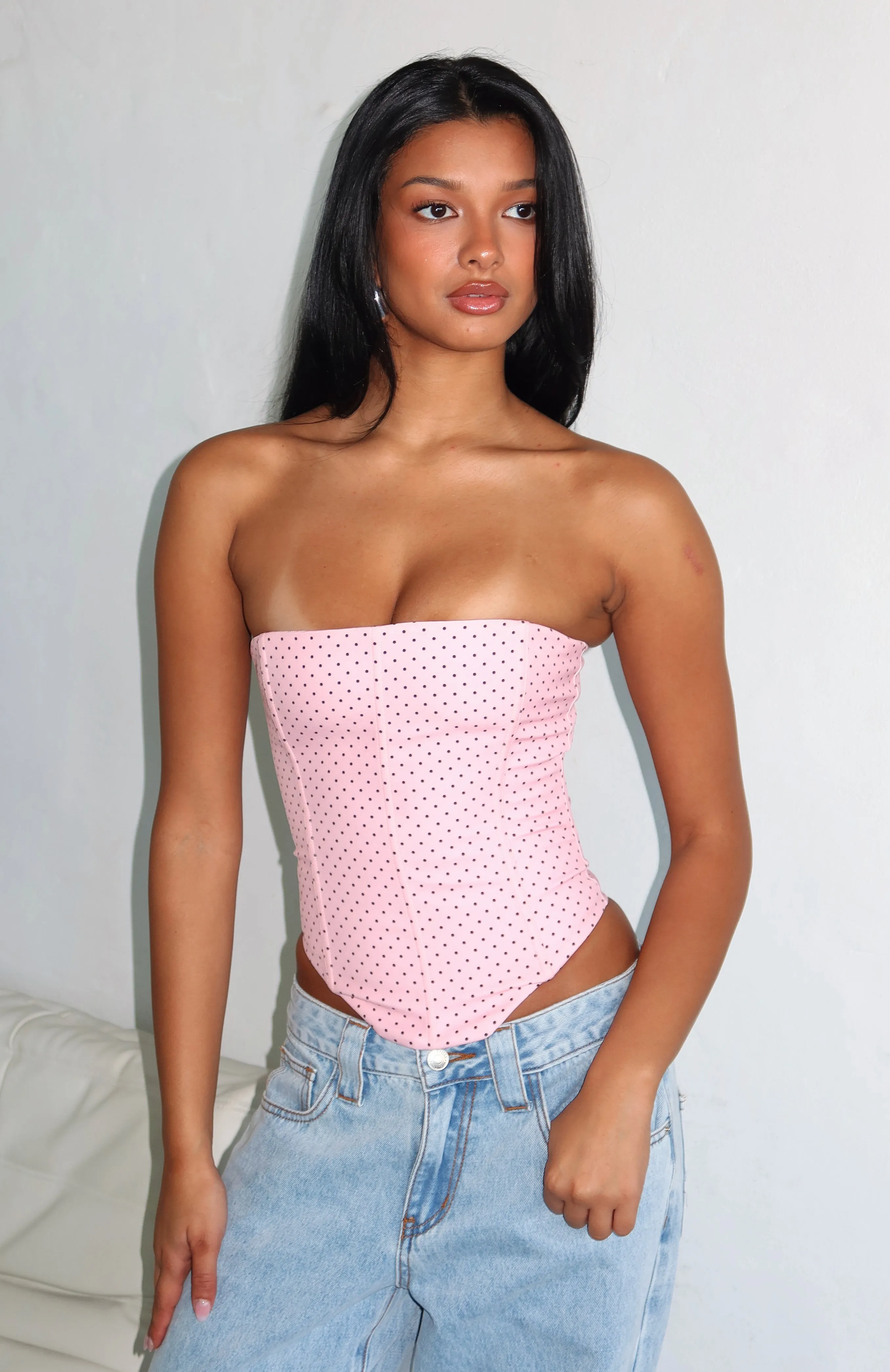 Let It Go Strapless Bustier Pink Polka Dot sold by White Fox Boutique