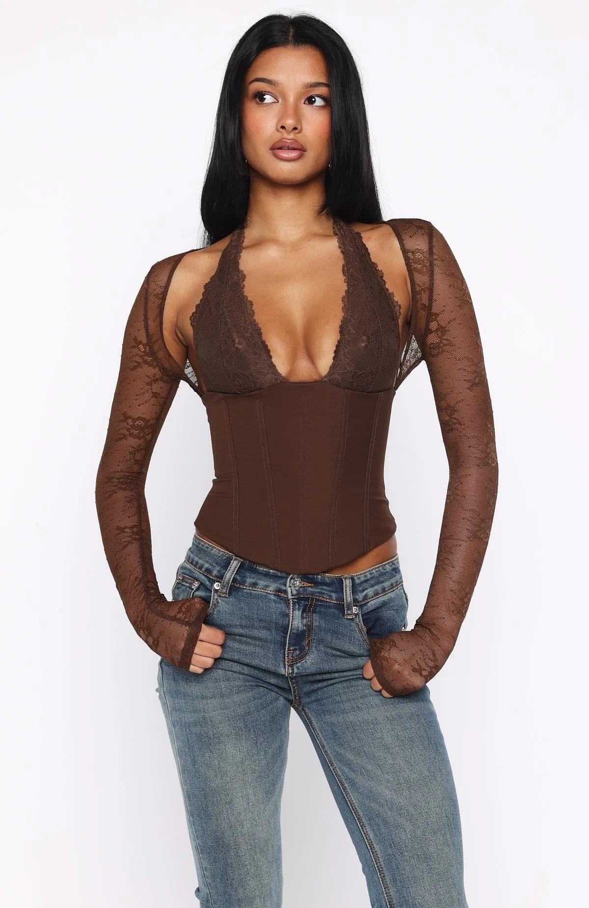 Never Walk Alone Long Sleeve Bustier Chocolate sold by White Fox Boutique product image thumbnail 2