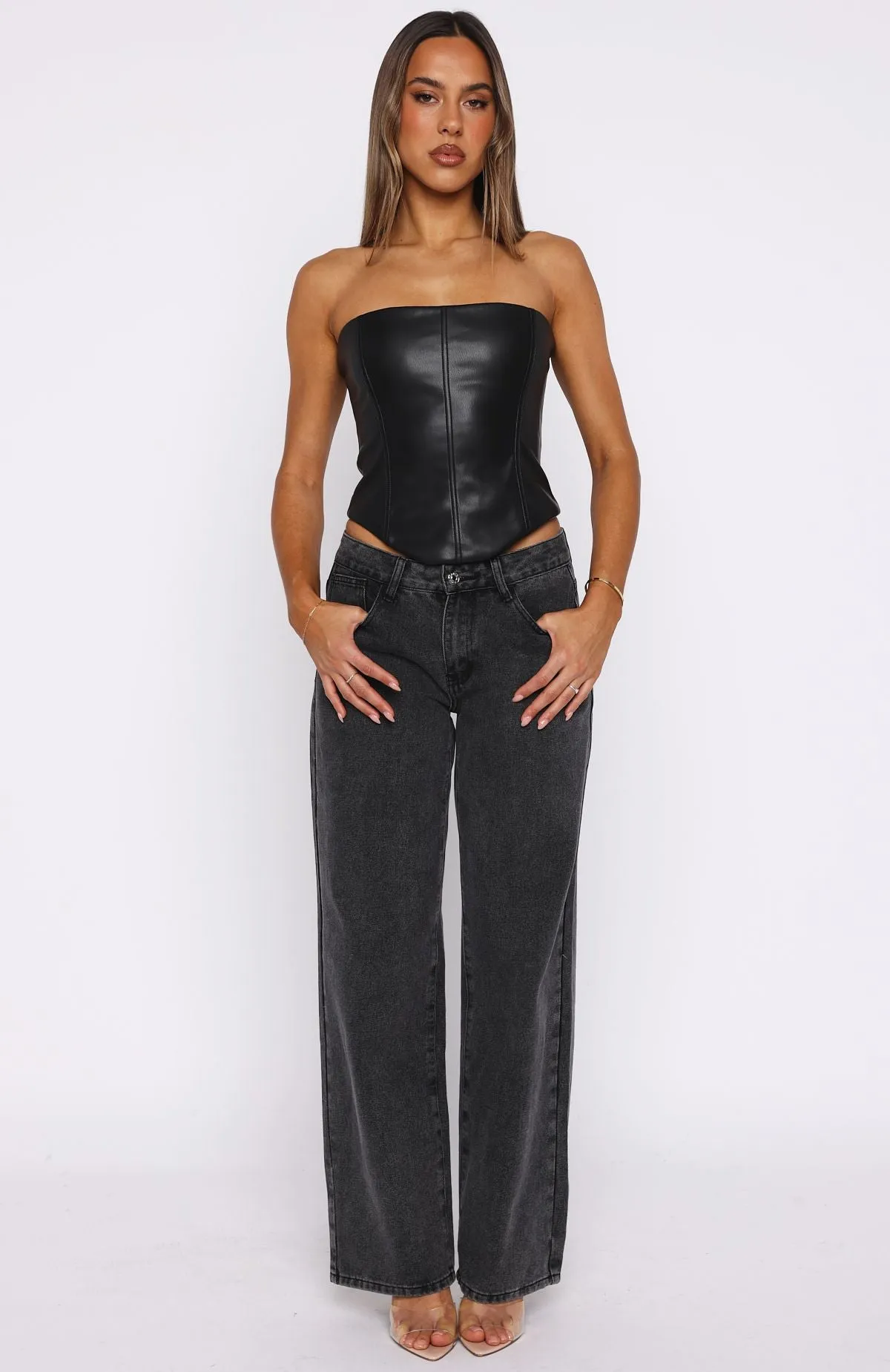 Wipe My Mind Strapless PU Bustier Black sold by White Fox Boutique product image thumbnail 5