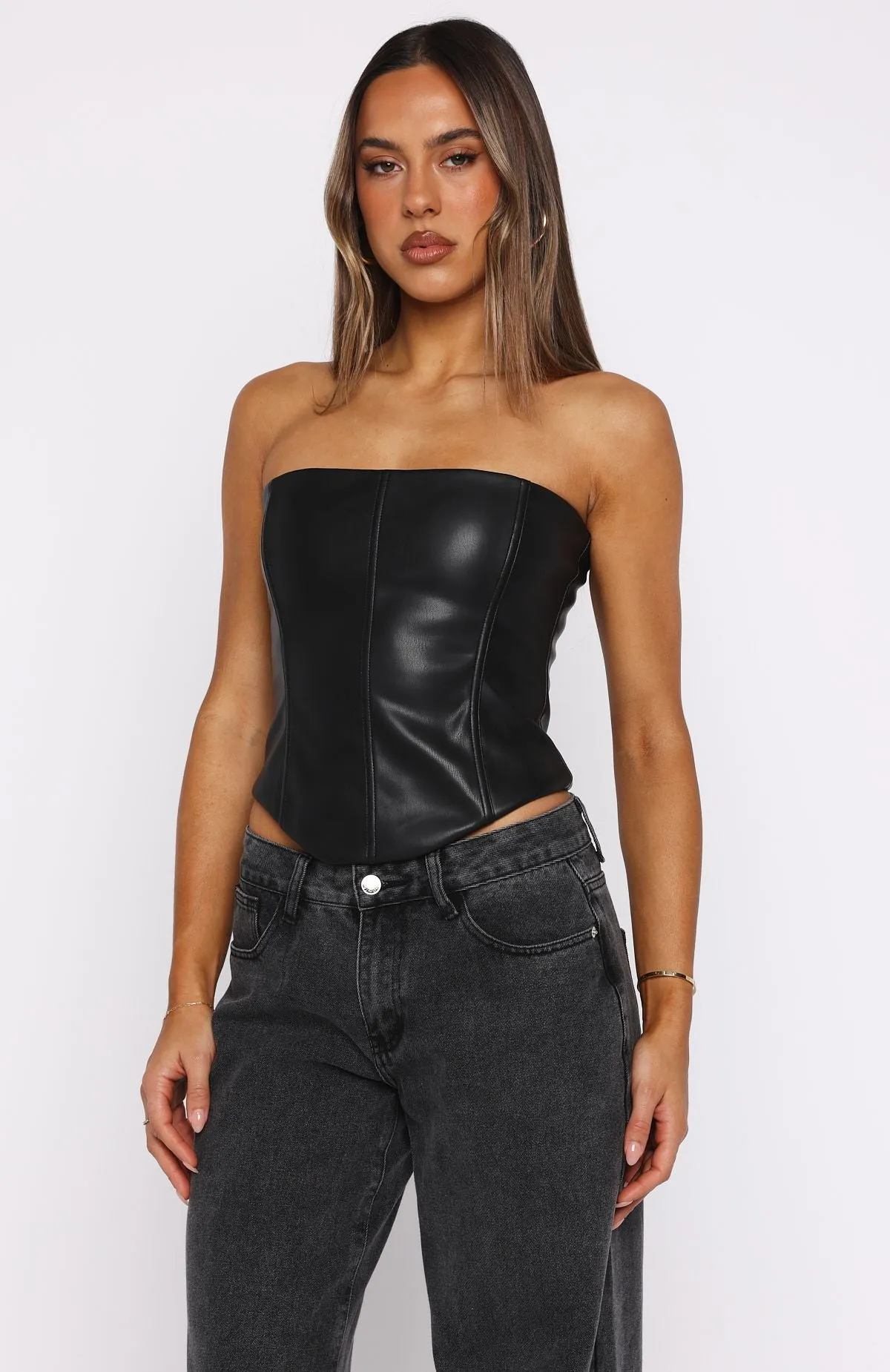 Wipe My Mind Strapless PU Bustier Black sold by White Fox Boutique product image thumbnail 2