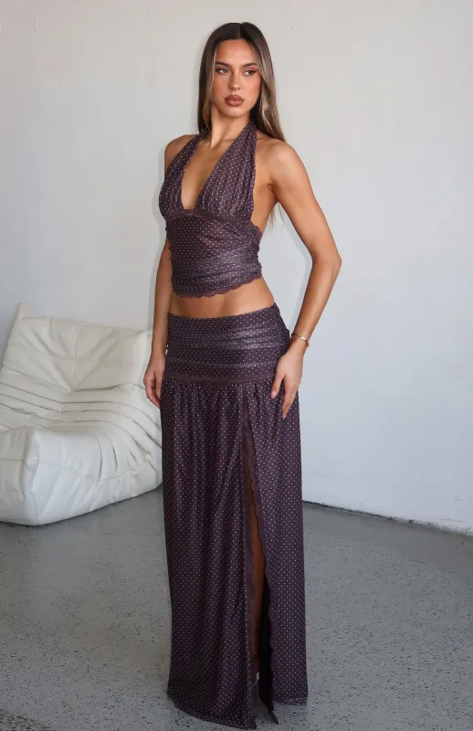 Mad At You Maxi Skirt Choc/Pink Polka Dot sold by White Fox Boutique