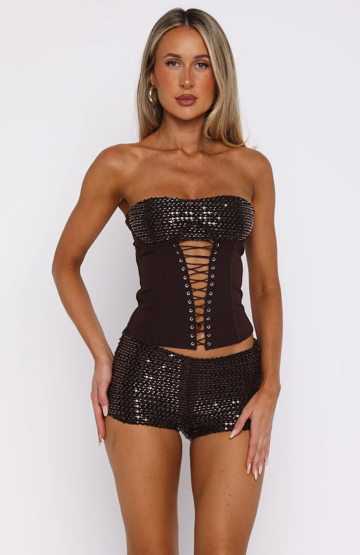 The Glitterati Beaded Mini Shorts Chocolate sold by White Fox Boutique product image thumbnail 2