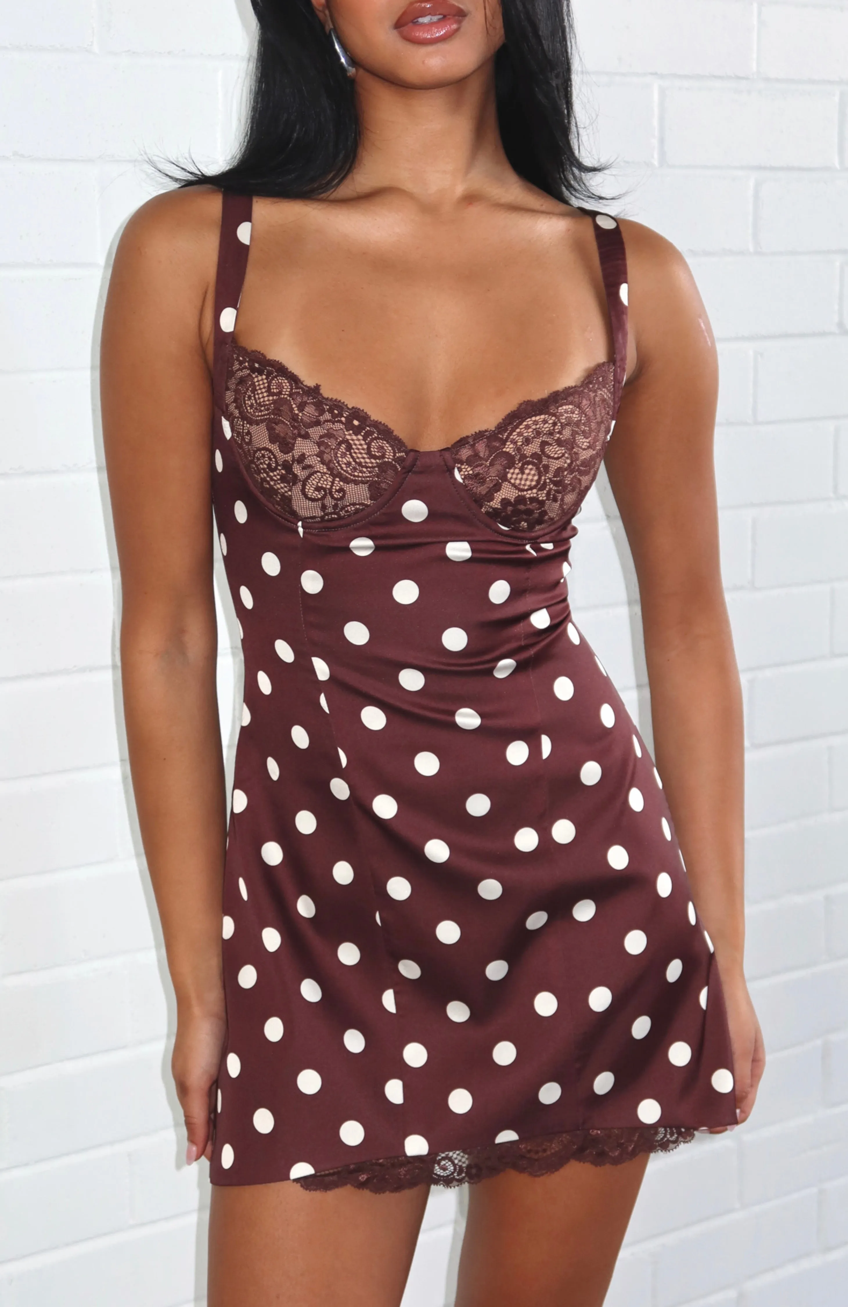 Admire You Mini Dress Choc/Cream Polka Dot sold by White Fox Boutique