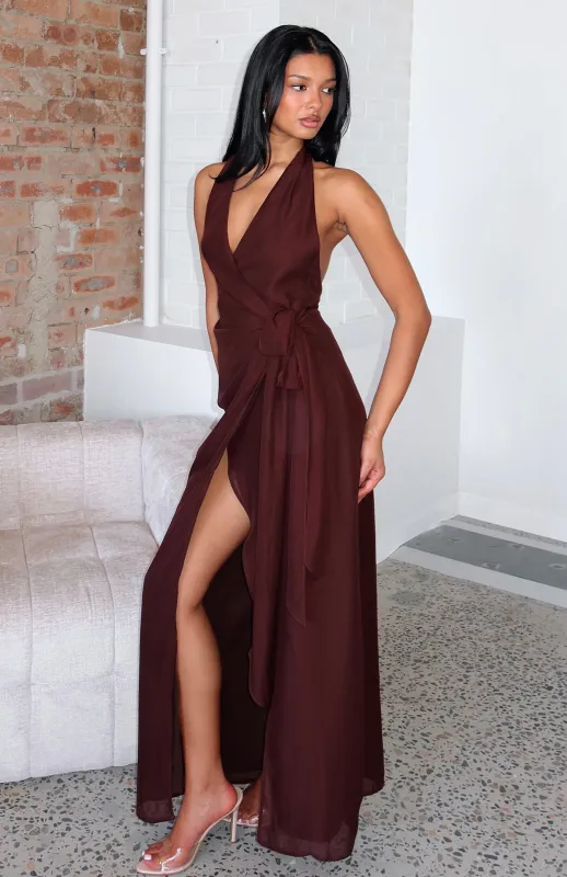 How I Feel Halter Maxi Dress Chocolate sold by White Fox Boutique