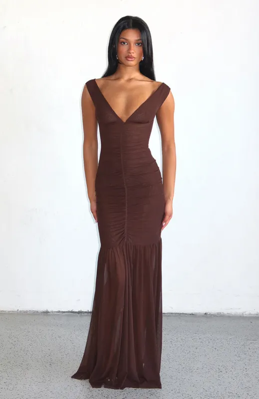 Just A Peak Mesh Maxi Dress Chocolate sold by White Fox Boutique