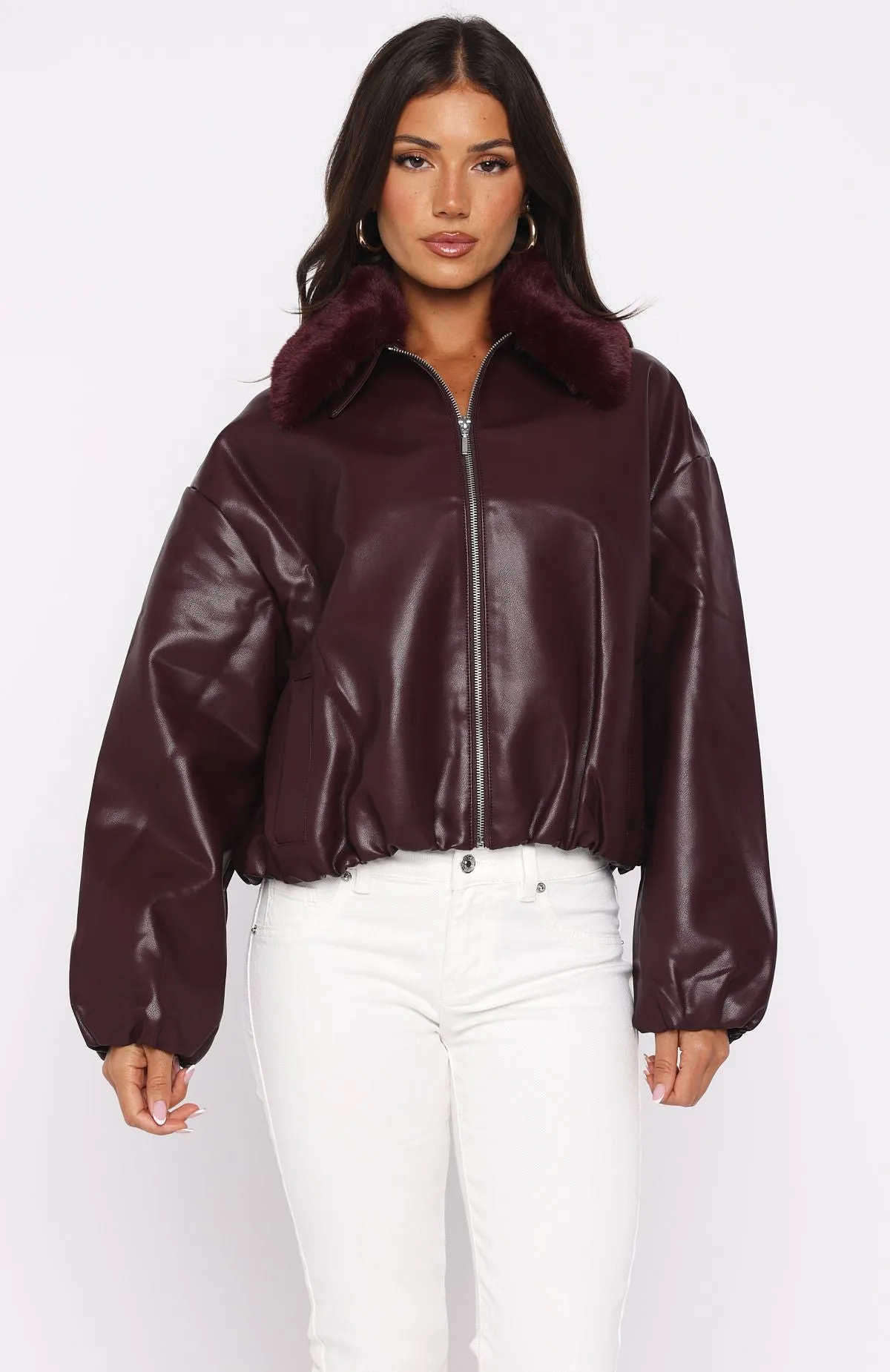 No Competition Pu Bomber Jacket Burgundy sold by White Fox Boutique product image thumbnail 2