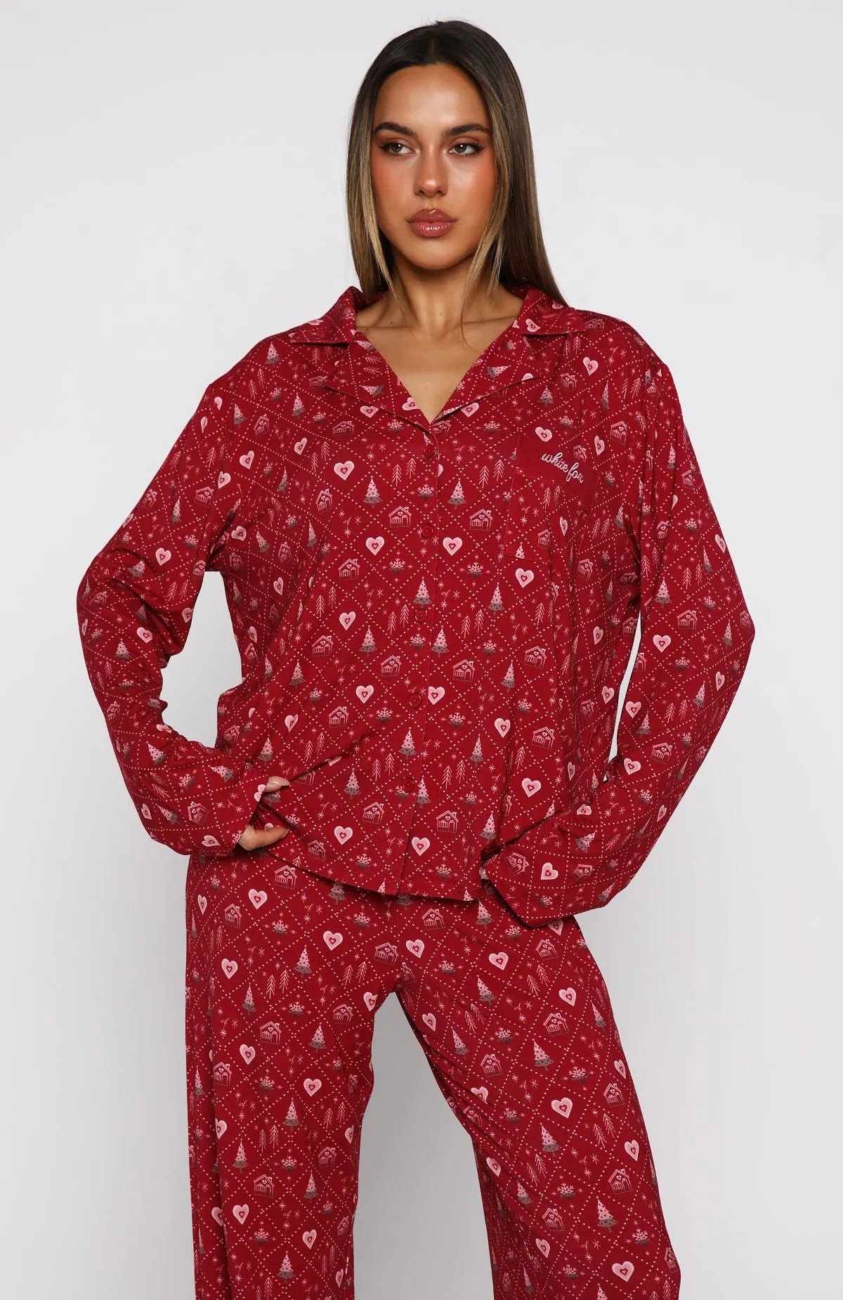 Pillow Talk Printed Long Sleeve Pyjama Set Cherry Noel sold by White Fox Boutique product image thumbnail 5