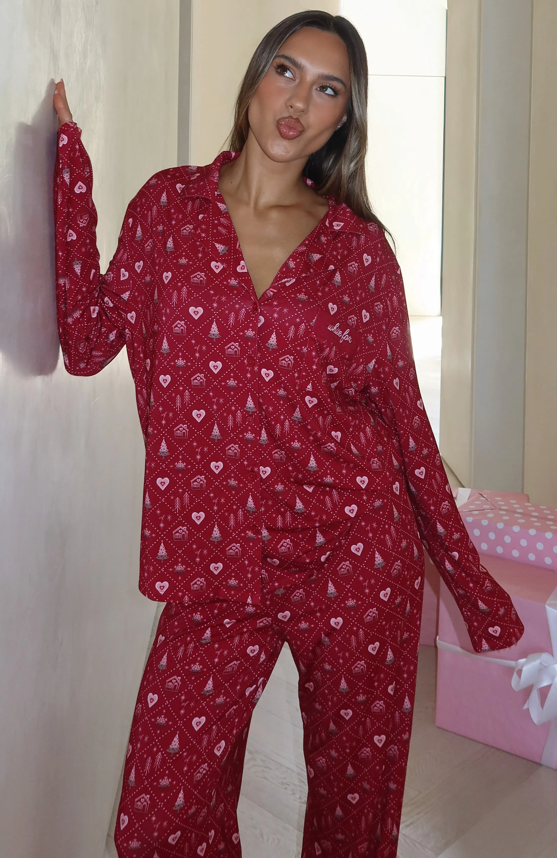 Pillow Talk Printed Long Sleeve Pyjama Set Cherry Noel sold by White Fox Boutique