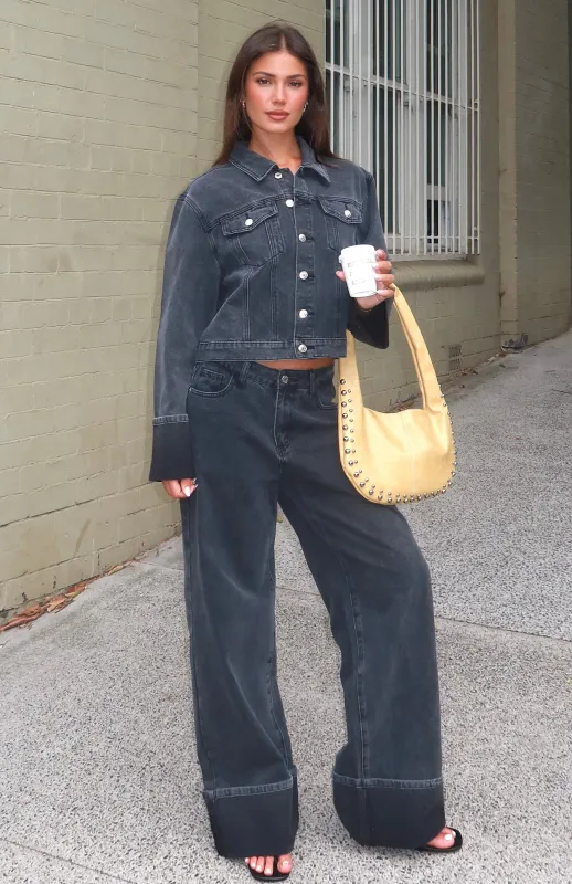 Charlotte Mid Rise Wide Leg Jeans Black Acid sold by White Fox Boutique