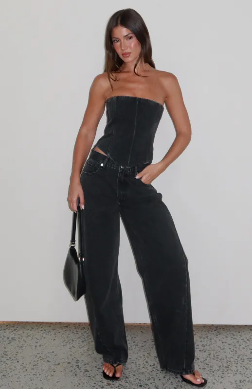 Kiara Mid Rise Barrel Leg Jeans Black Acid sold by White Fox Boutique