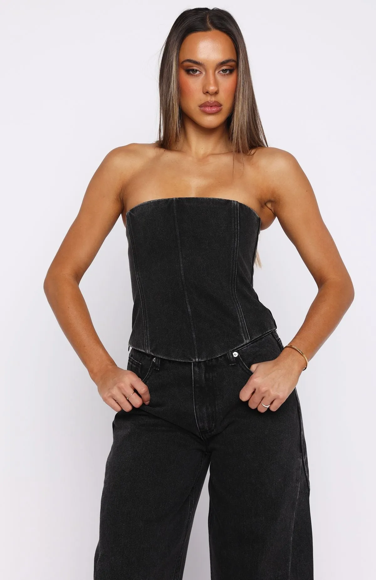 Be Mine Forever Denim Bustier Black Acid sold by White Fox Boutique product image thumbnail 3