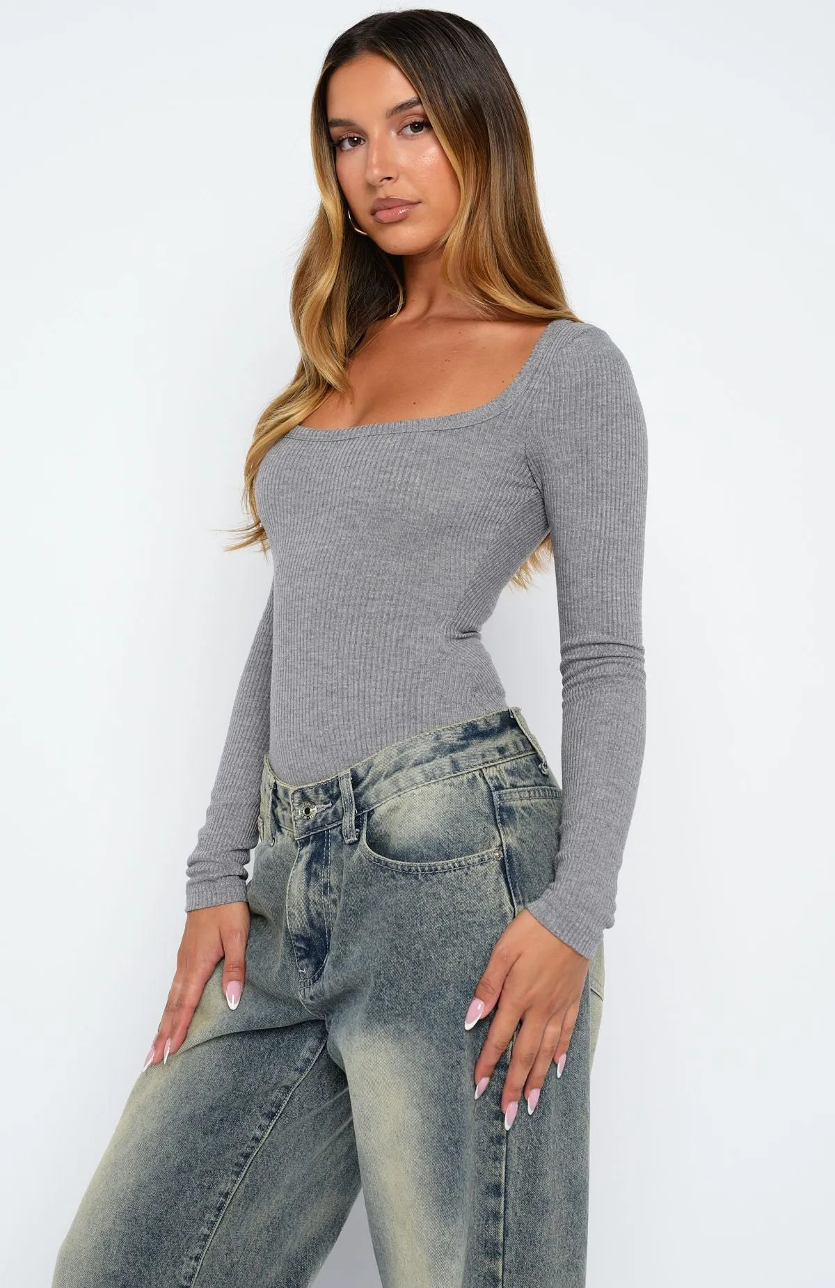 Easy Weekend Ribbed Long Sleeve Bodysuit Grey sold by White Fox Boutique product image thumbnail 5