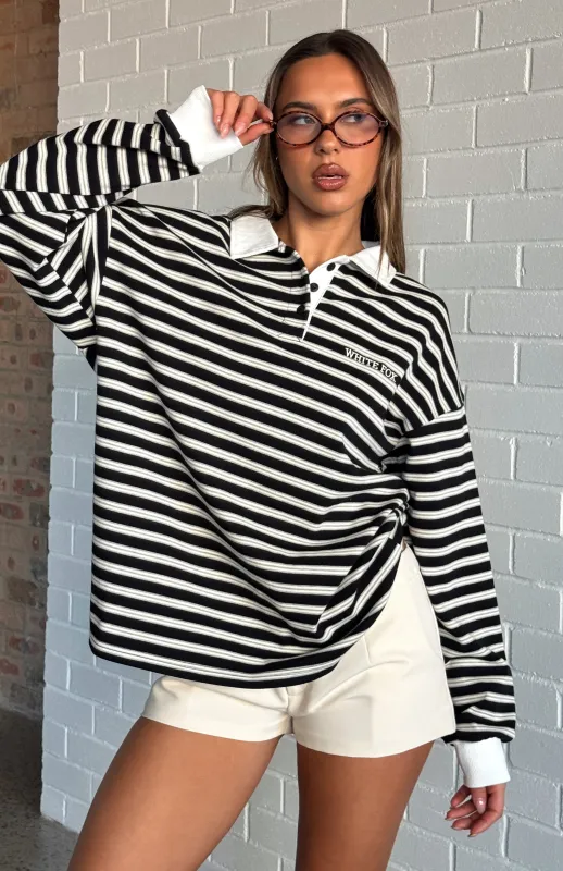 Out Again Long Sleeve Rugby Shirt Black/Grey Stripe sold by White Fox Boutique