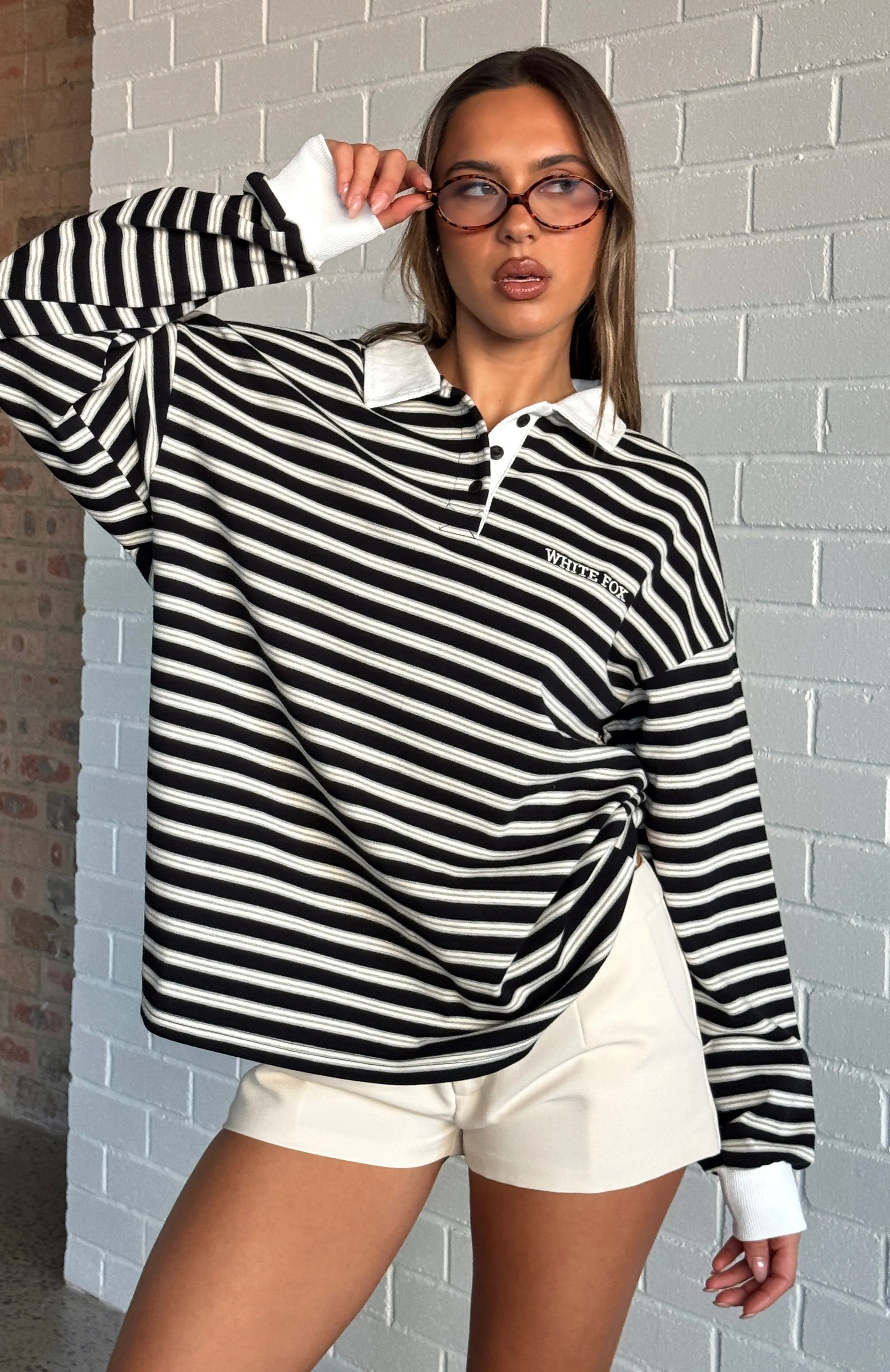 Out Again Long Sleeve Rugby Shirt Black/Grey Stripe sold by White Fox Boutique