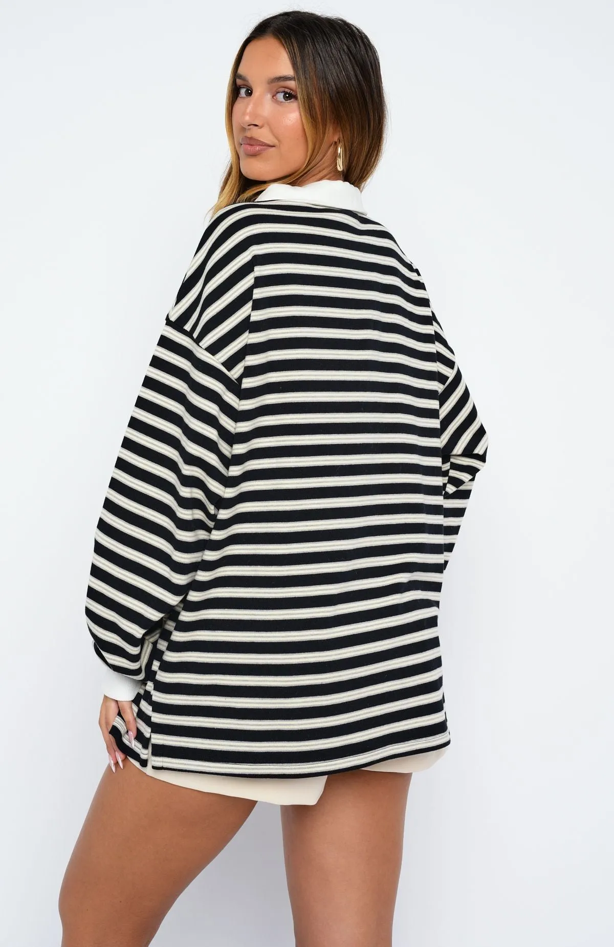 Out Again Long Sleeve Rugby Shirt Black/Grey Stripe sold by White Fox Boutique product image thumbnail 4