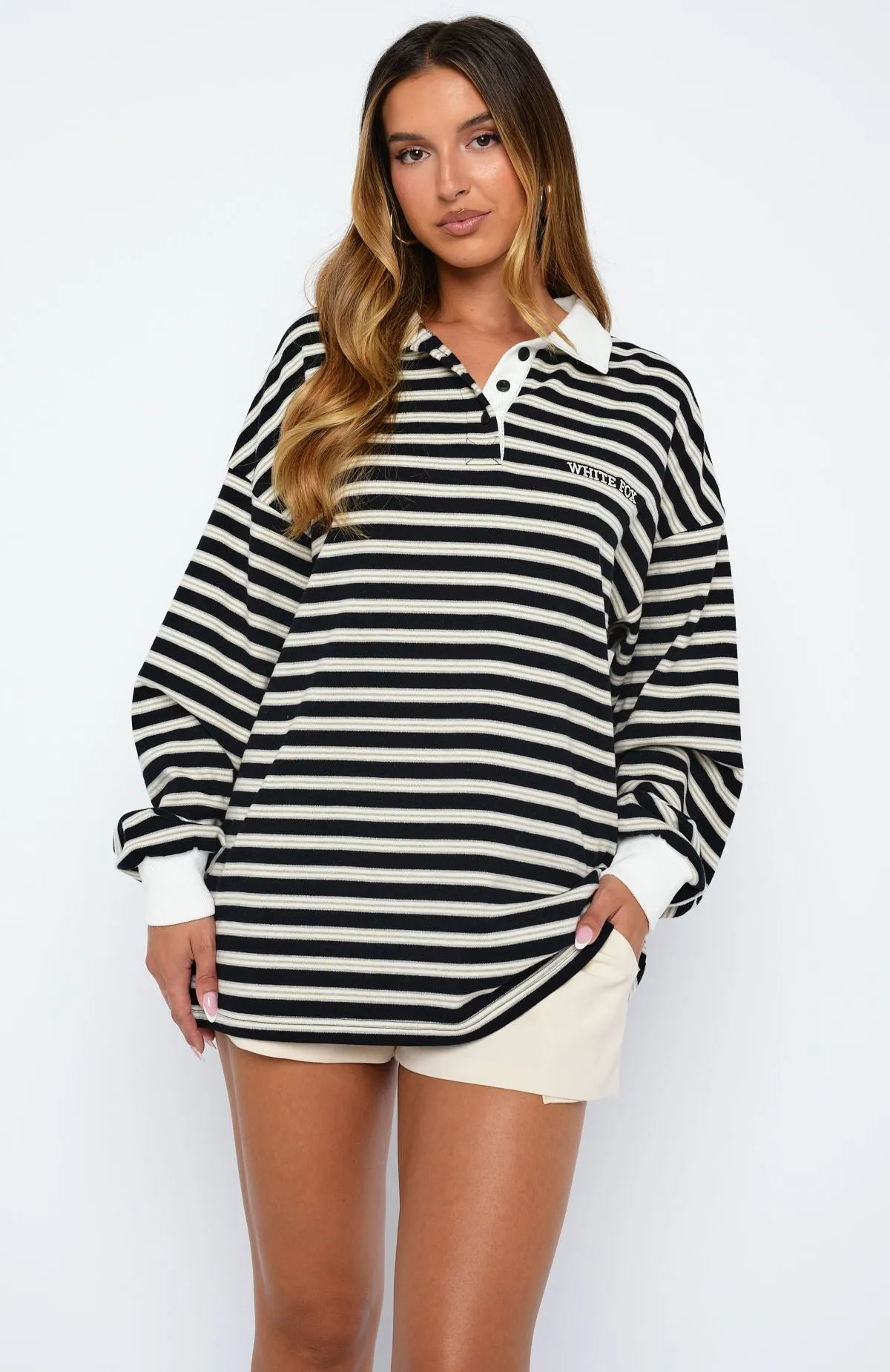 Out Again Long Sleeve Rugby Shirt Black/Grey Stripe sold by White Fox Boutique product image thumbnail 2