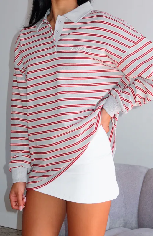 Out Again Long Sleeve Rugby Shirt Dark Grey Marle/Burgundy Stripe sold by White Fox Boutique