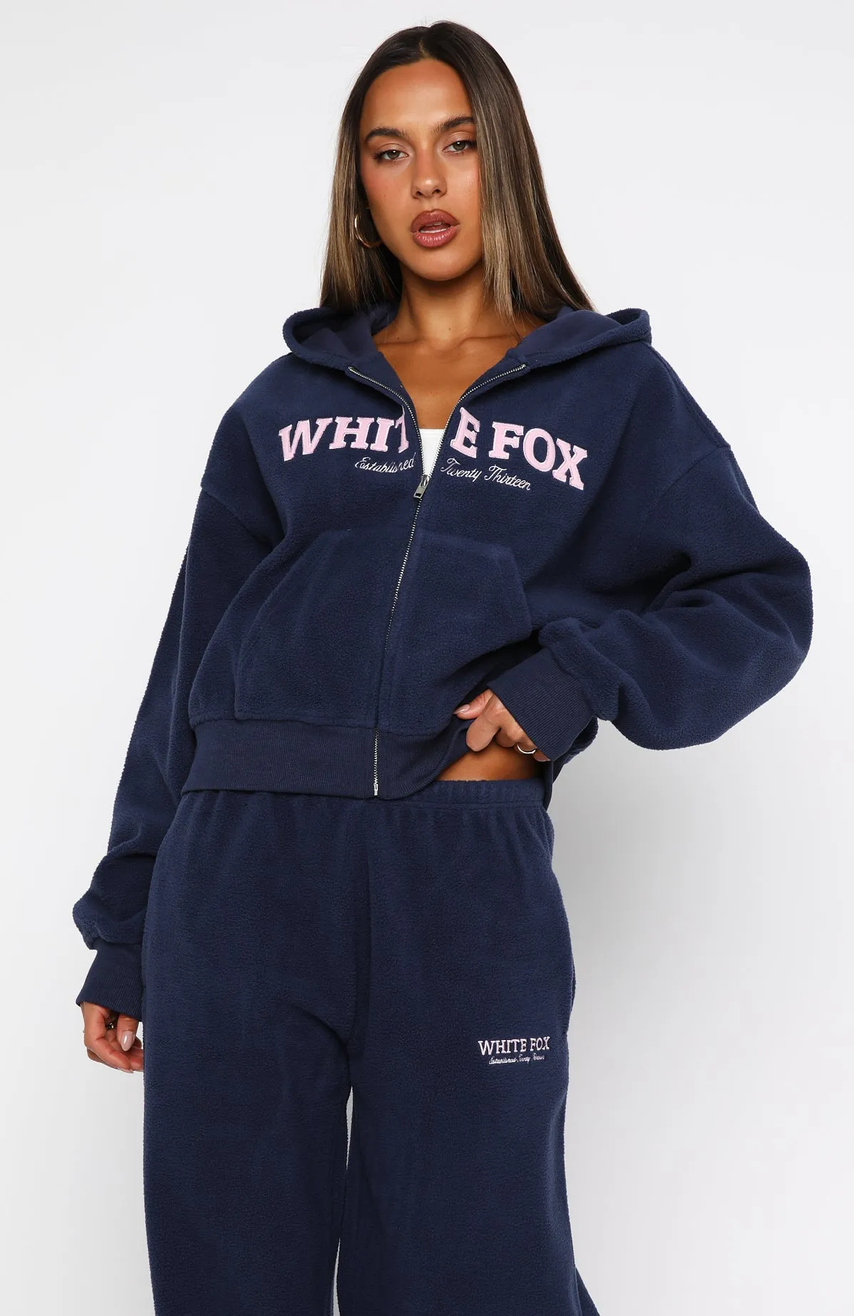 Just For Now Fleece Boxy Zip Front Hoodie Navy sold by White Fox Boutique product image thumbnail 2