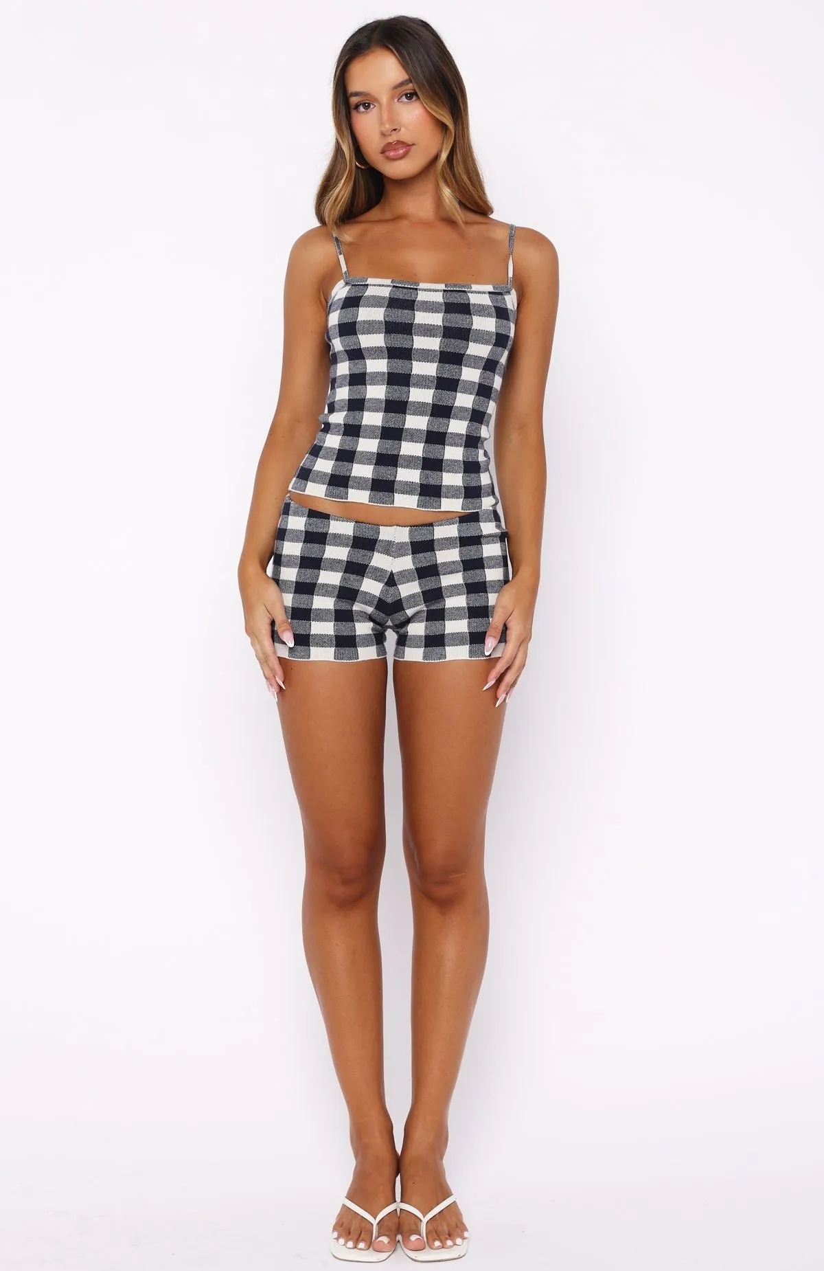 Iconic Duo Knit Mini Shorts Navy/Cream Gingham sold by White Fox Boutique product image thumbnail 5