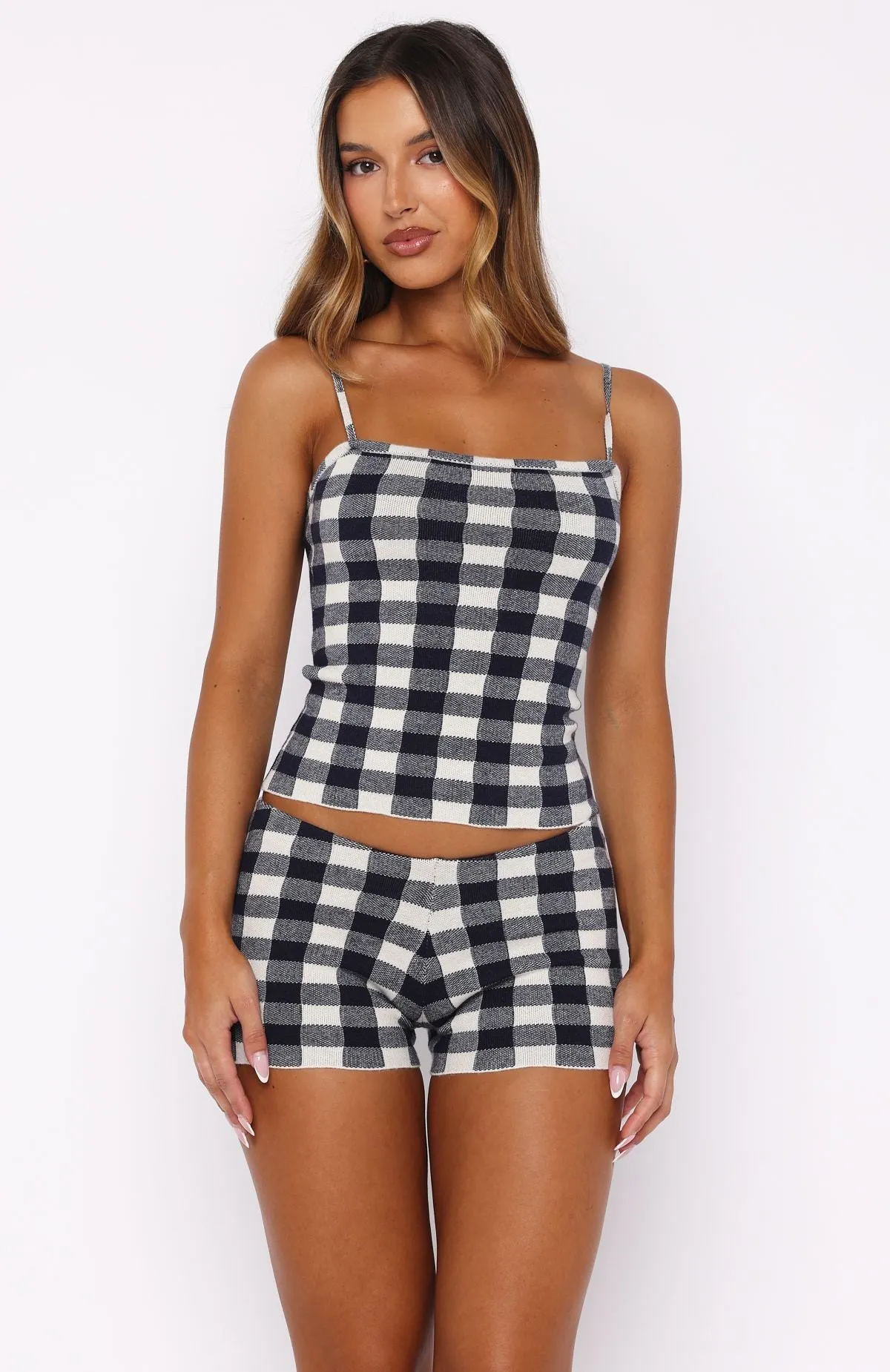 Iconic Duo Knit Mini Shorts Navy/Cream Gingham sold by White Fox Boutique product image thumbnail 2