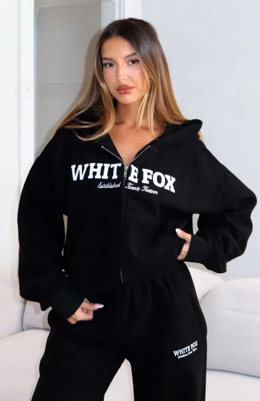 Just For Now Fleece Boxy Zip Front Hoodie Black sold by White Fox Boutique