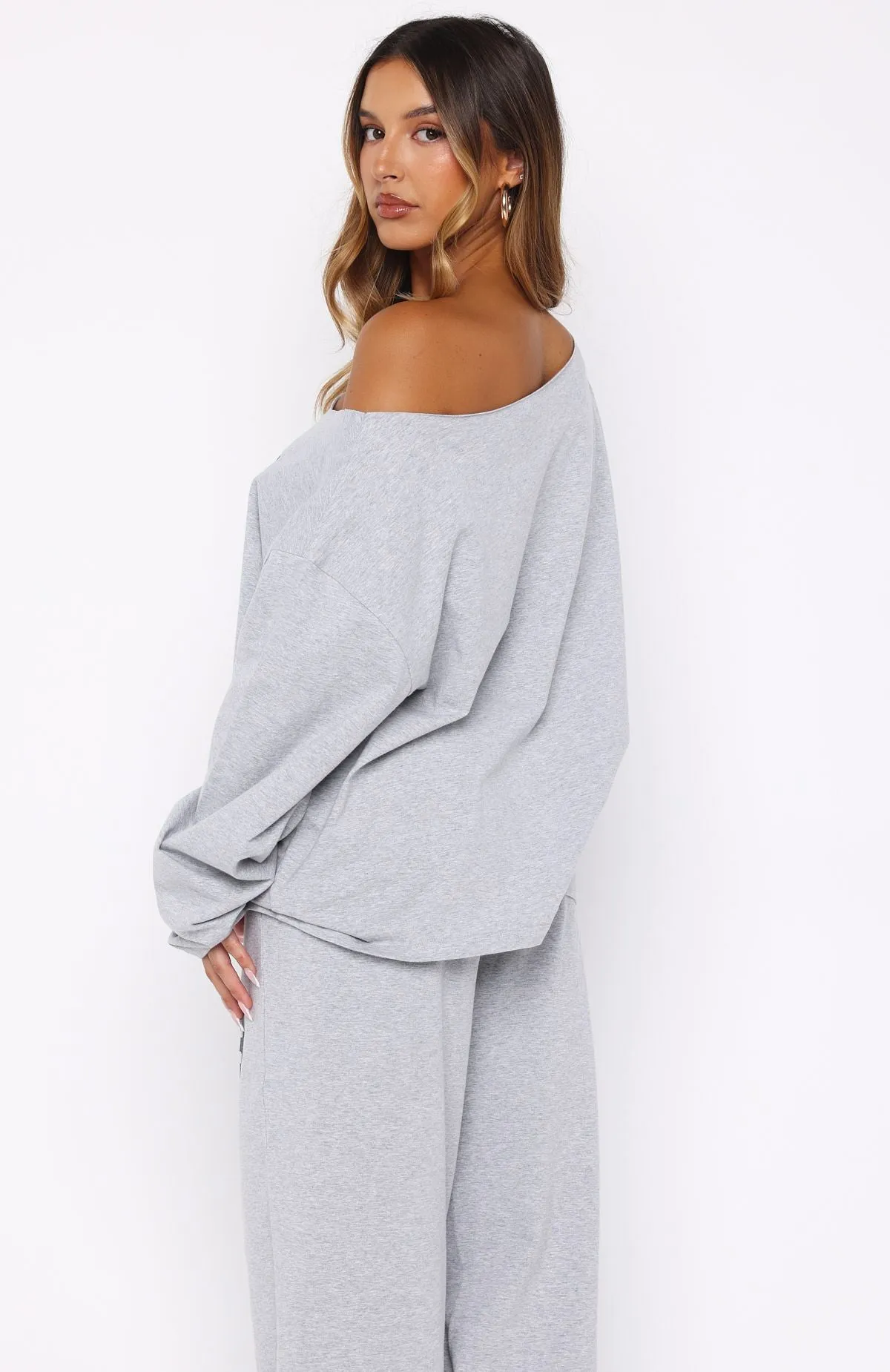 Only One Left Off Shoulder Oversized Long Sleeve Tee Grey Marle sold by White Fox Boutique product image thumbnail 4