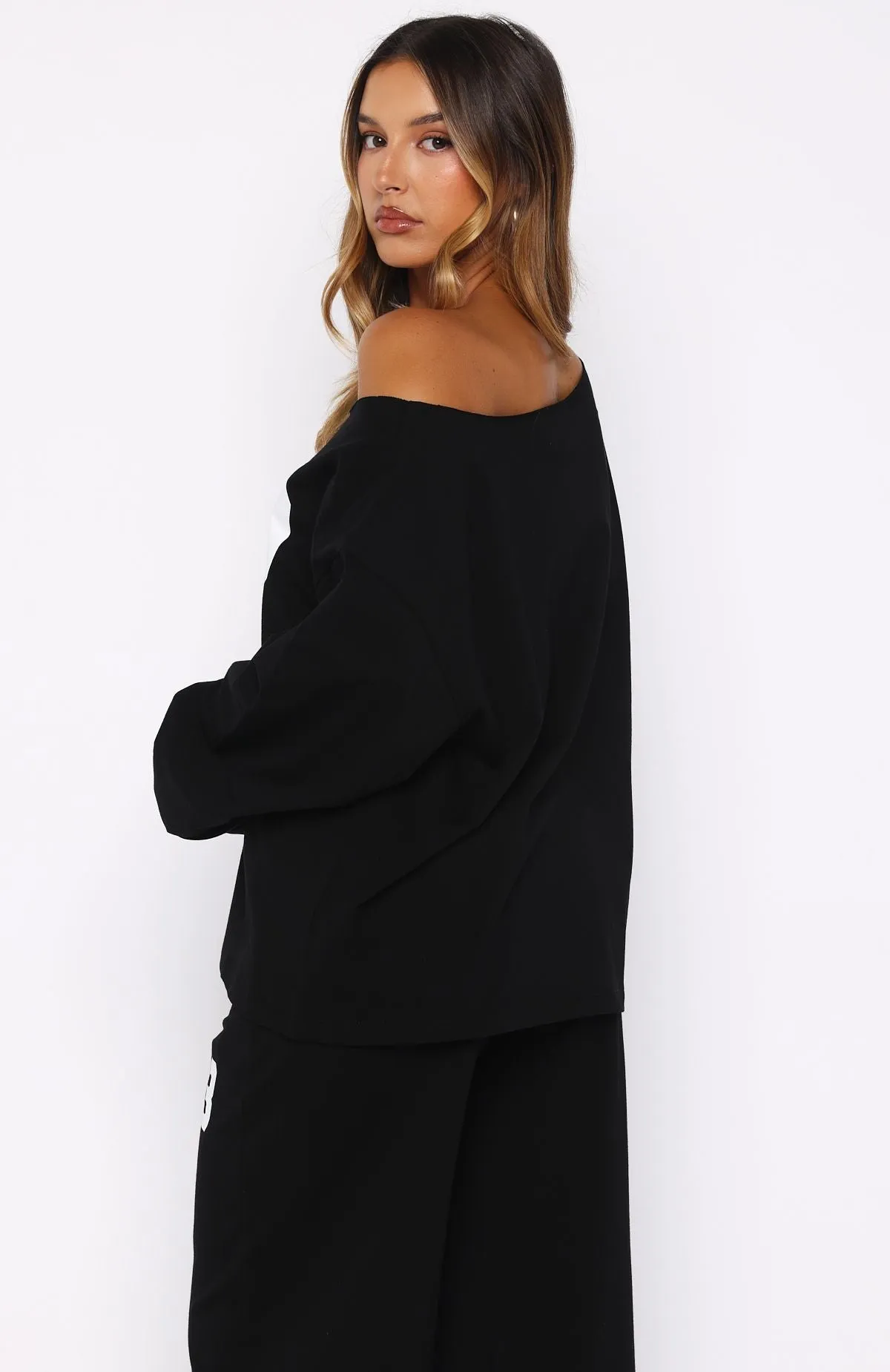 Only One Left Off Shoulder Oversized Long Sleeve Tee Black sold by White Fox Boutique product image thumbnail 4