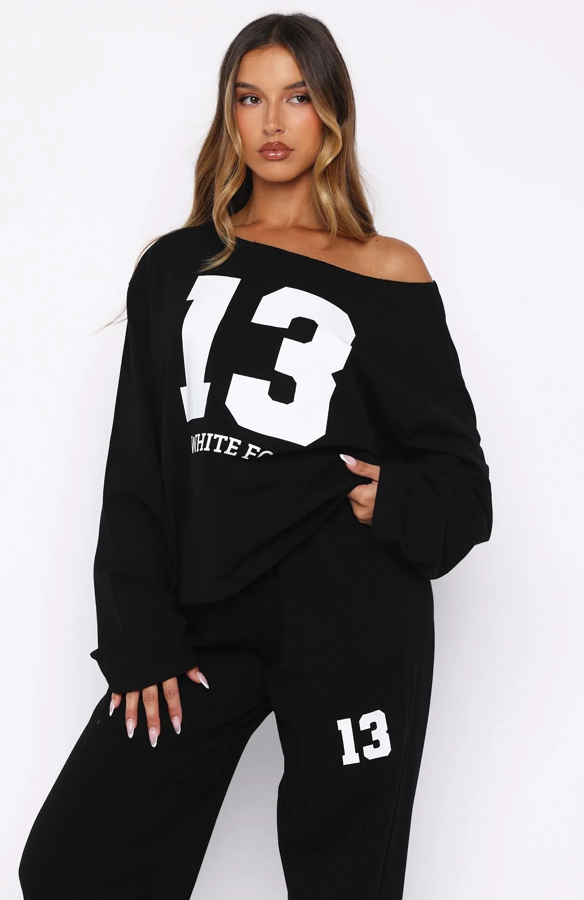 Only One Left Off Shoulder Oversized Long Sleeve Tee Black sold by White Fox Boutique product image thumbnail 2