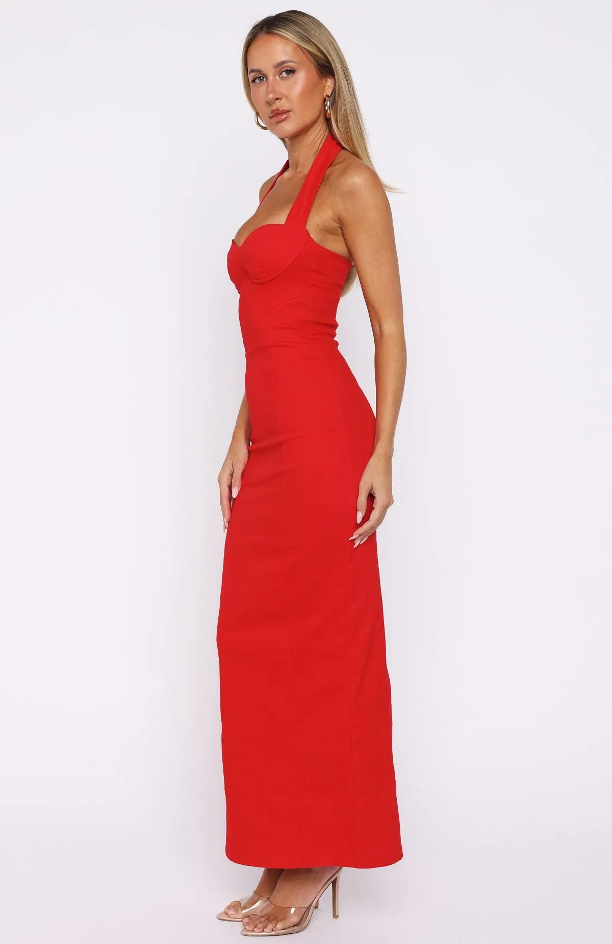 Champagne High Halter Maxi Dress Red sold by White Fox Boutique product image thumbnail 3